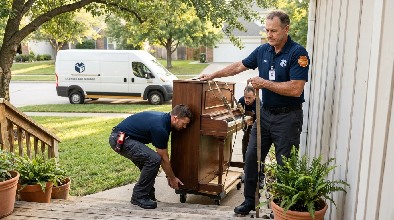 Licensed piano movers securing grand piano in Saint Ansgar, IA