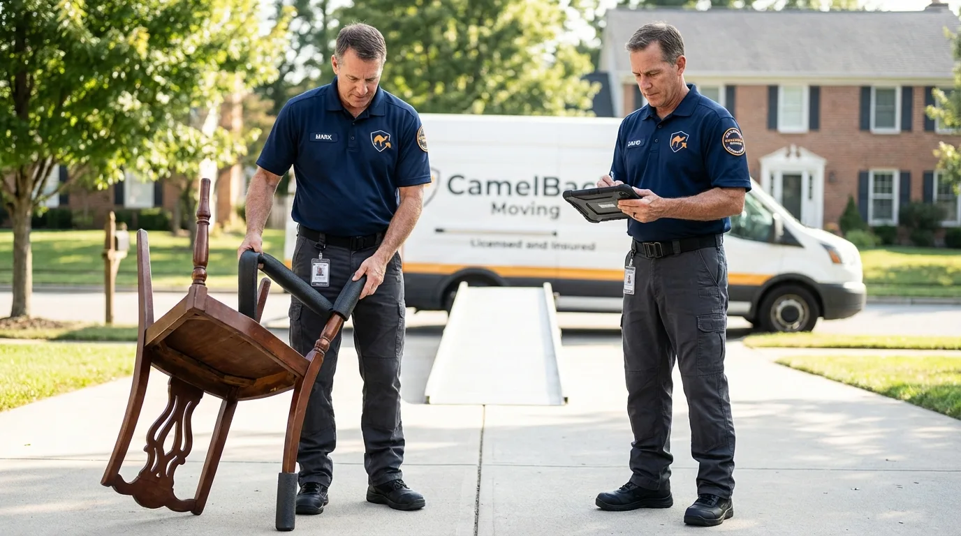 Movers inspecting furniture for damage prevention before loading in Saint Ansgar, IA