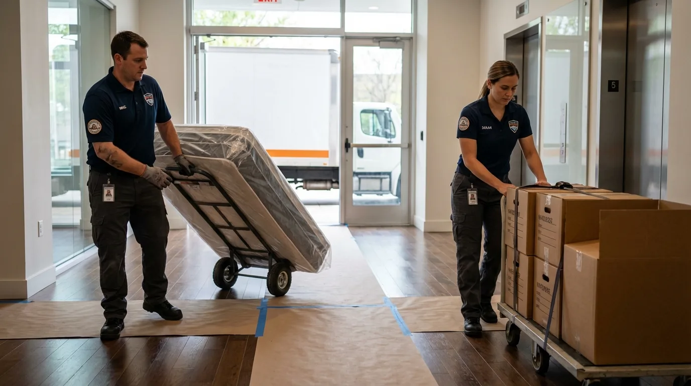 Professional apartment movers loading elevator in Saint Ansgar, IA