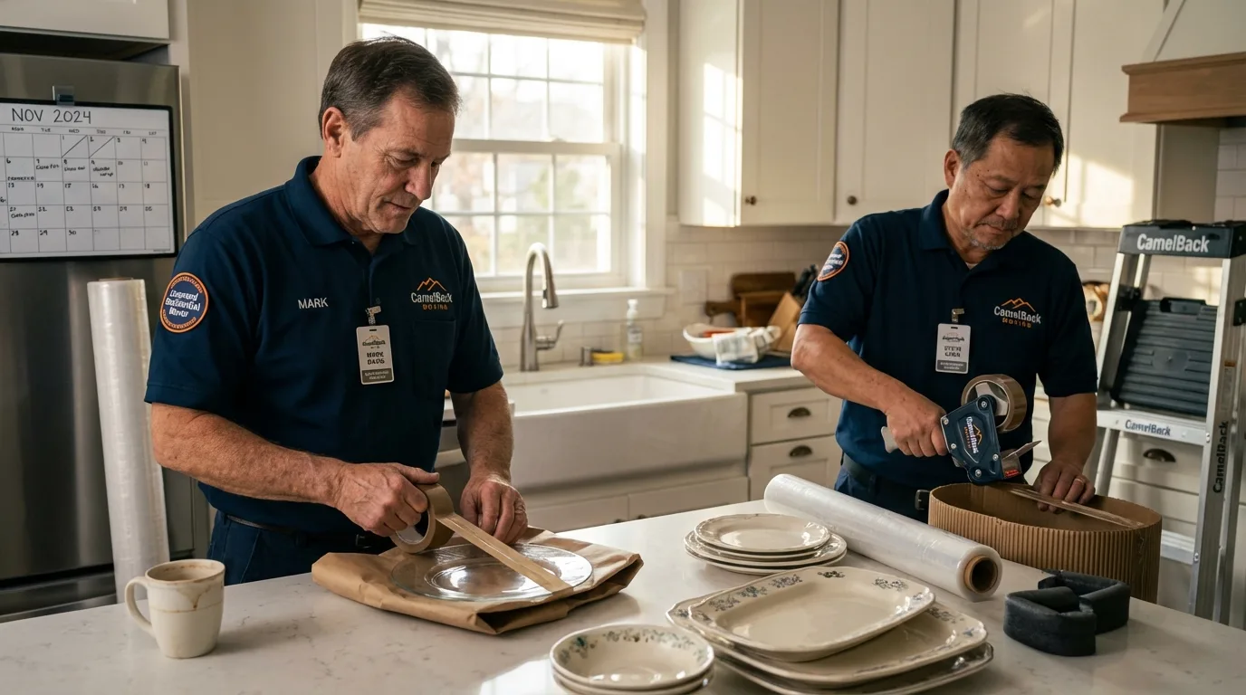 Professional crew packing kitchen dishware in Saint Ansgar, IA